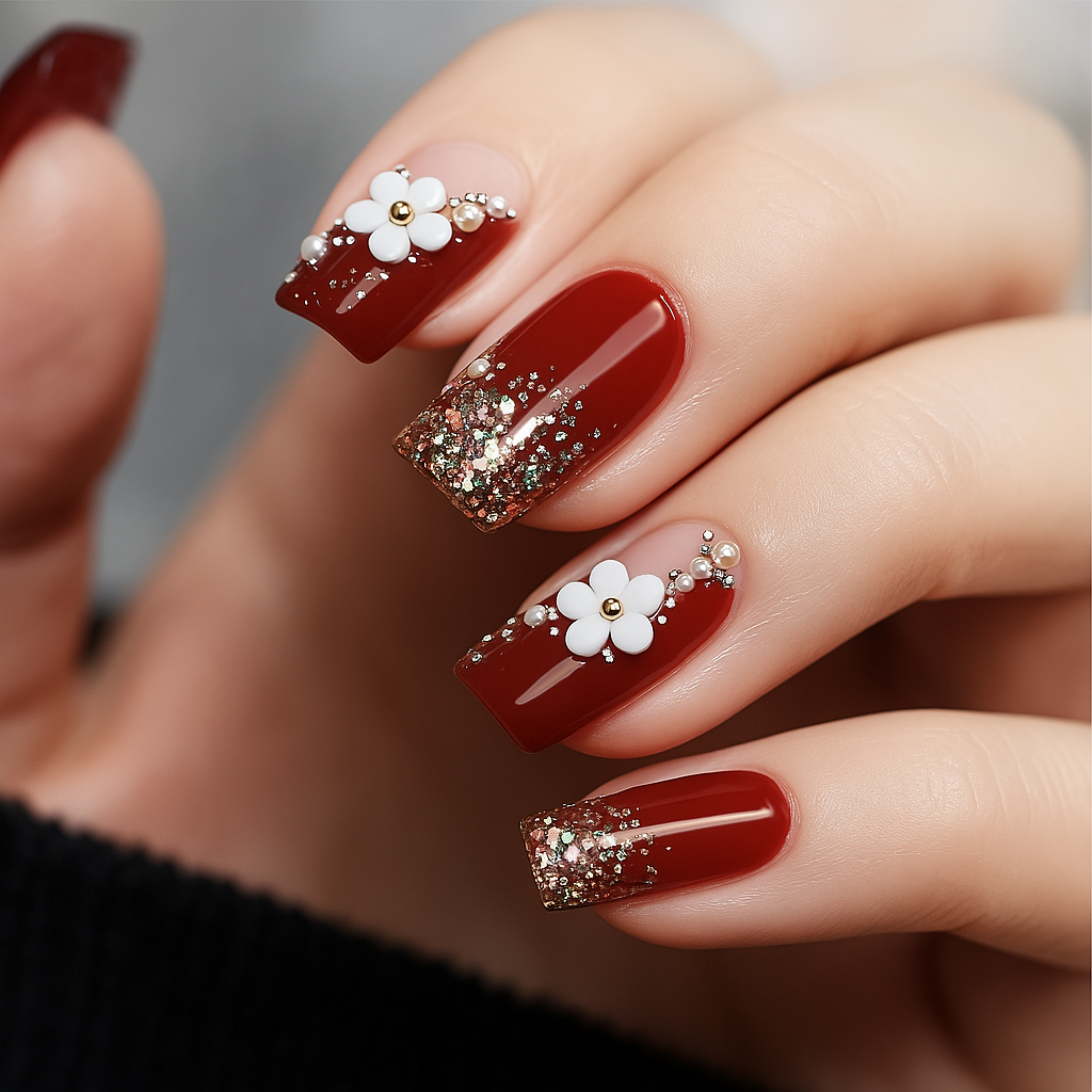 Des Faux Ongles Sublimes en 5 min – Sans Colle, Sans dégâts, Sans RDV - Rouge Glamour Fleurie